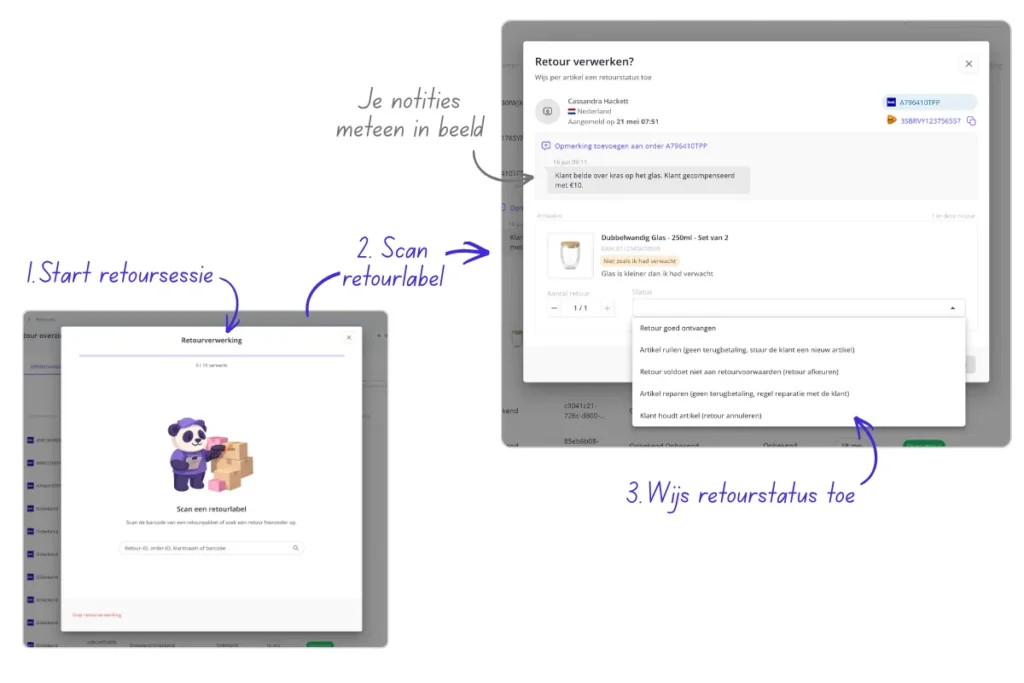 Retoursessie in OrderPanda: retourlabel scannen, opmerking bij de order bekijken en per artikel een retourstatus toewijzen